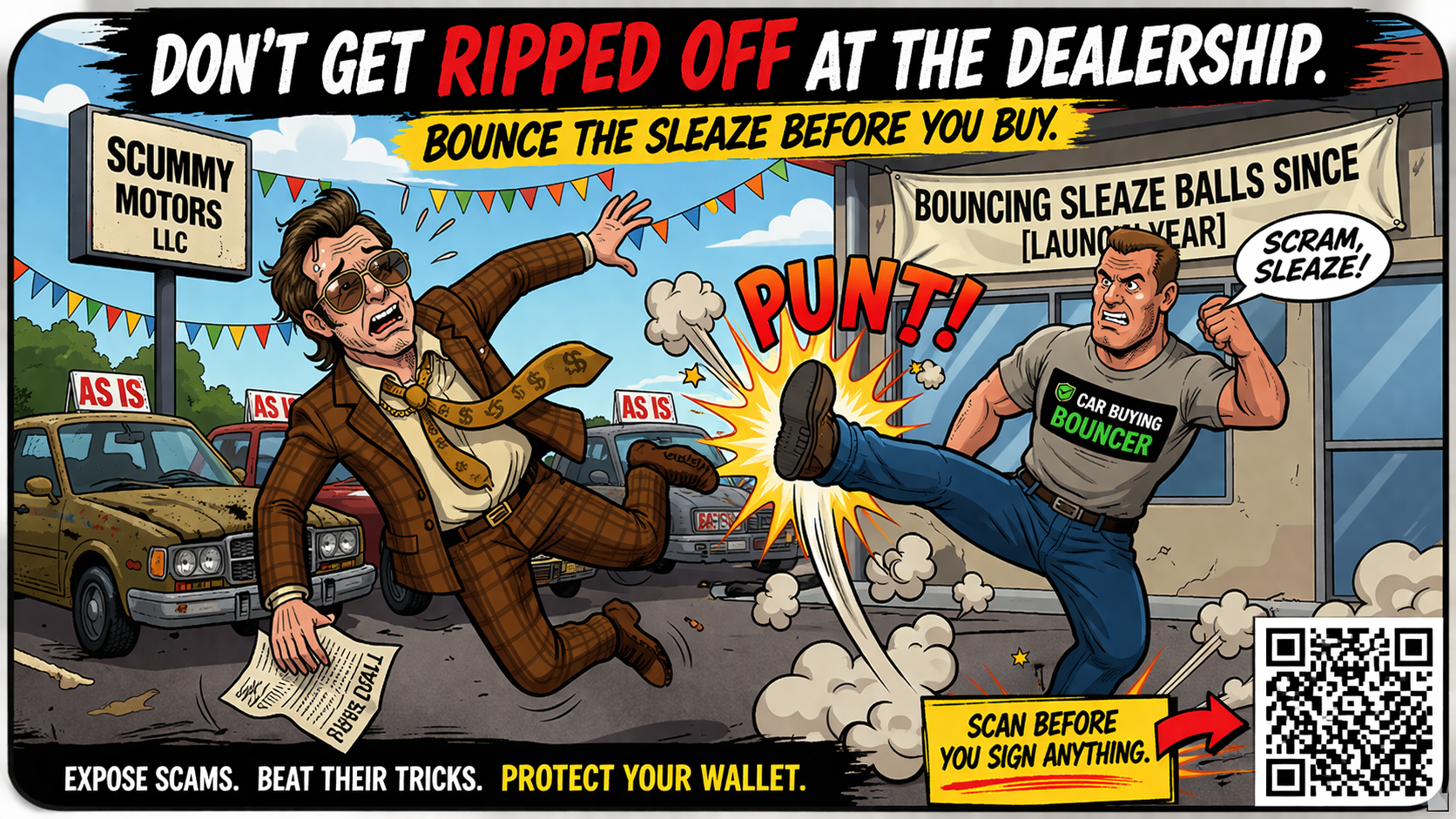 Car Buying Bouncer punting a sleazy car salesman out of the dealership lot